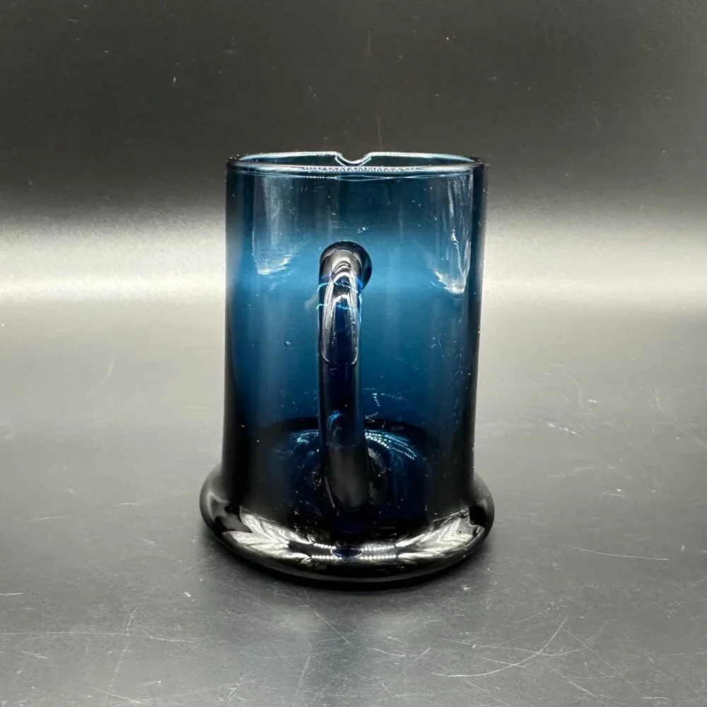 Vintage Hand Blown Blue Glass Pitcher Creamer Spout Applied Handle Art Glass - Picture 5 of 9
